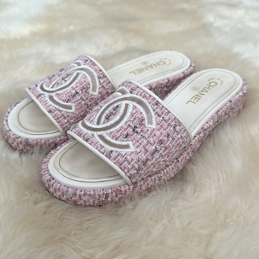 Chanel pink tweed sandals